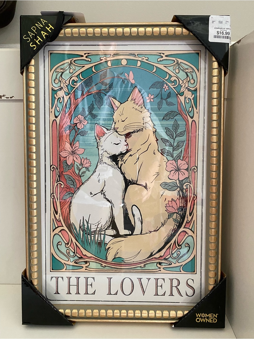 Sapna Shah Wall Art Tarot Card Cats “The Lovers”  18" x 12" Art Nouveau Fantasy